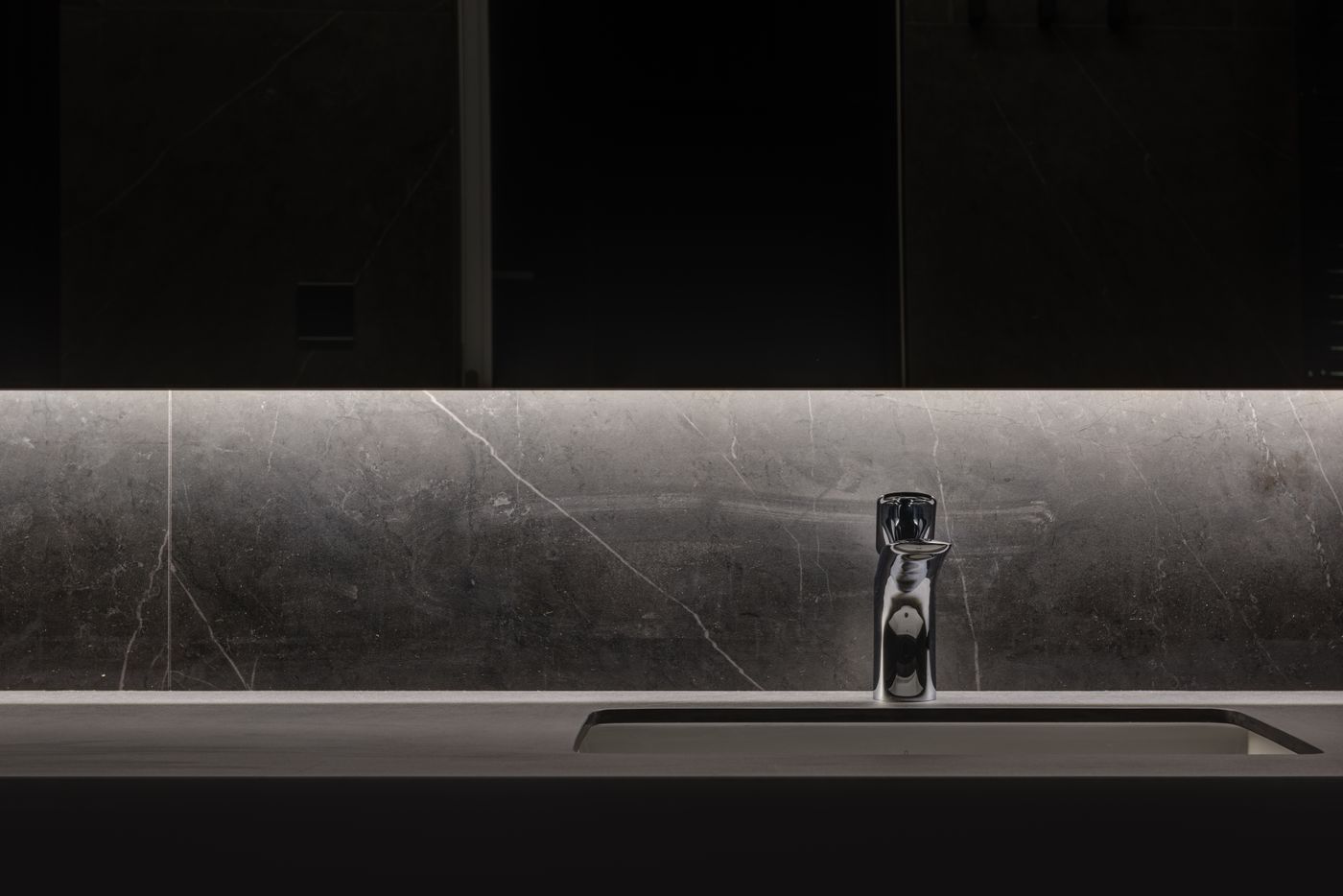 Modern lavatory with basin and mirror